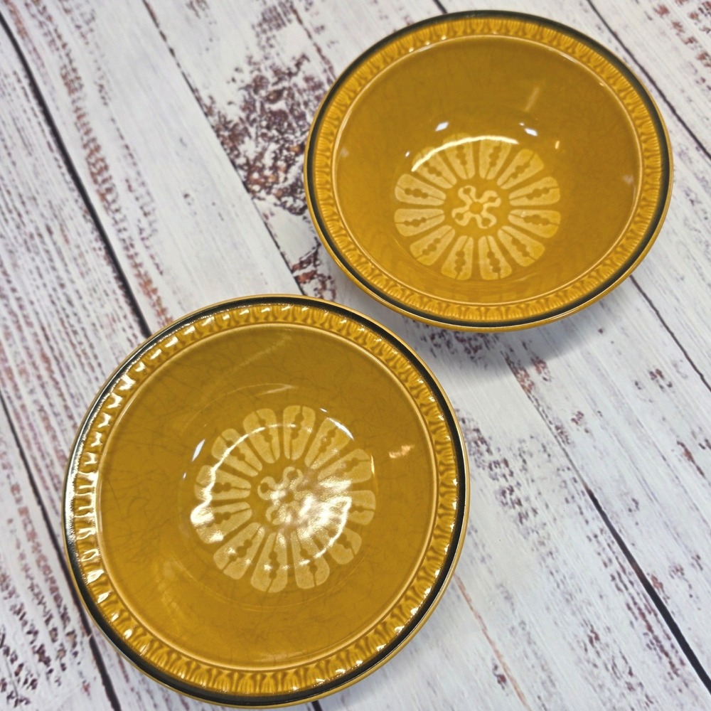 Suzuka Stone Mesa Gold Bowls Set of 2 Yellow Excellent MCM Japan Stoneware